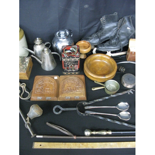 66 - Group of items to include: ice skates, tins, silver plate and stoneware bottles