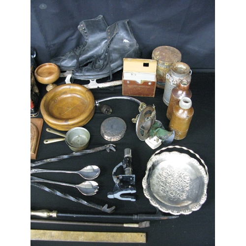 66 - Group of items to include: ice skates, tins, silver plate and stoneware bottles