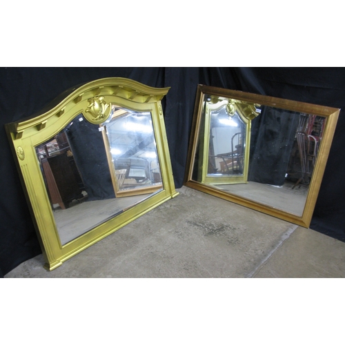 253 - Modern gilt frame over mantle mirror with arched top and bevelled glass - 128cm x 102cm. Together wi... 