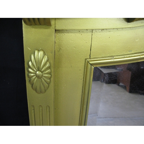 253 - Modern gilt frame over mantle mirror with arched top and bevelled glass - 128cm x 102cm. Together wi... 