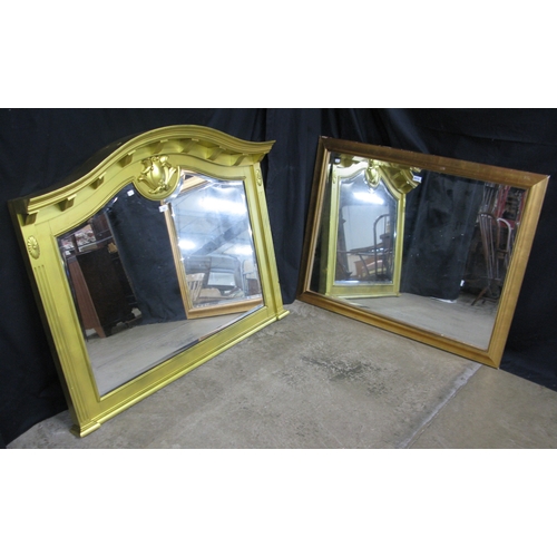 253 - Modern gilt frame over mantle mirror with arched top and bevelled glass - 128cm x 102cm. Together wi... 