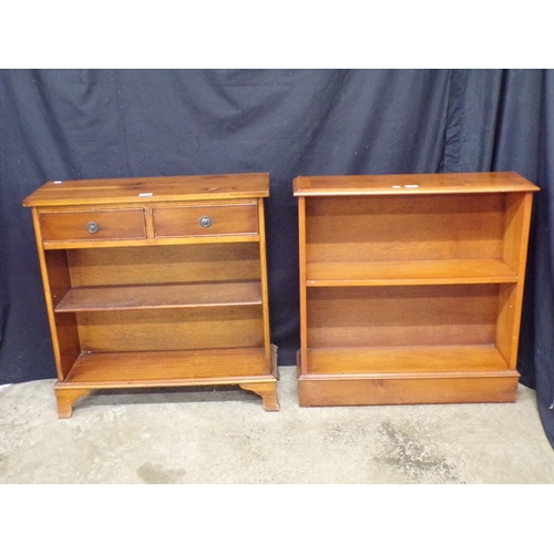 258 - Reproduction yew wood bookcase having two drawers over single adjustable shelf, standing on splayed ... 