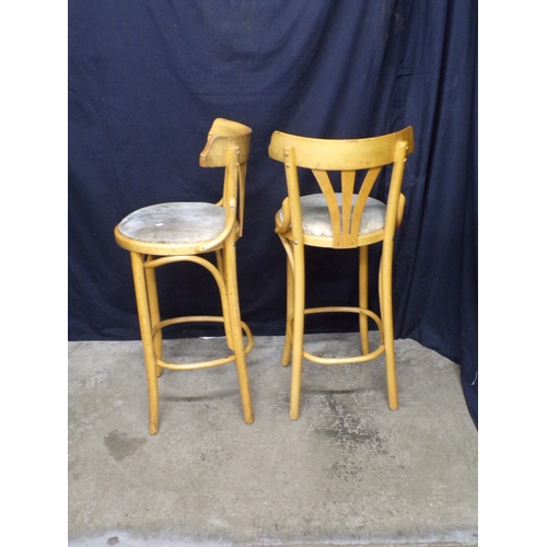 283 - Pair of modern bentwood high stools with curved back rests over padded seats on turned legs - 45cm x... 