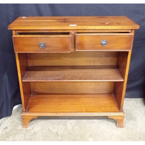 258 - Reproduction yew wood bookcase having two drawers over single adjustable shelf, standing on splayed ... 