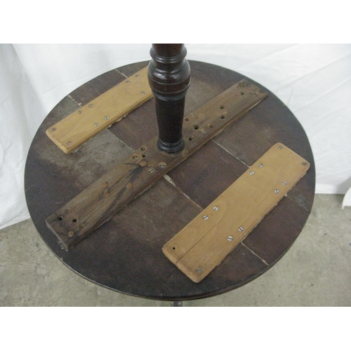285 - Two mahogany wine tables both having circular tops over turned columns and standing on tripod bases ... 