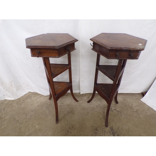 Two oak tri-leg hexagonal Circular Telephone/Electrophone tables ...
