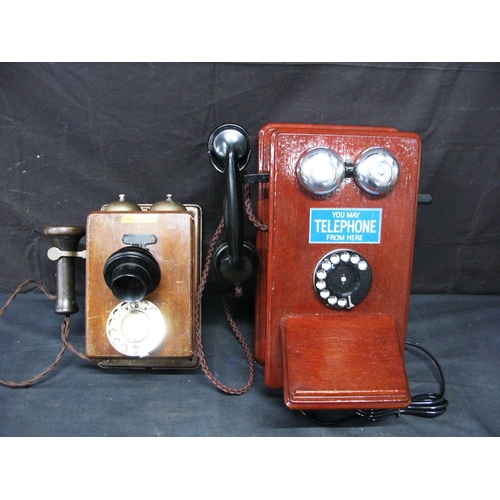 61 - Early 20th century peel corner wall mounted telephone - 23cm x 21cm x 27.5cm tall together with one ... 