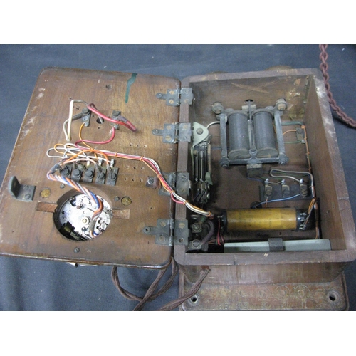 61 - Early 20th century peel corner wall mounted telephone - 23cm x 21cm x 27.5cm tall together with one ... 