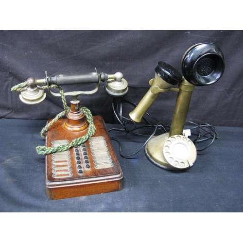 79 - Brass candlestick dial telephone - 30.5cm together with an early 19th century oak cased Intercom tel... 