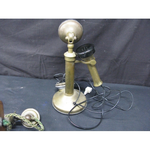 79 - Brass candlestick dial telephone - 30.5cm together with an early 19th century oak cased Intercom tel... 