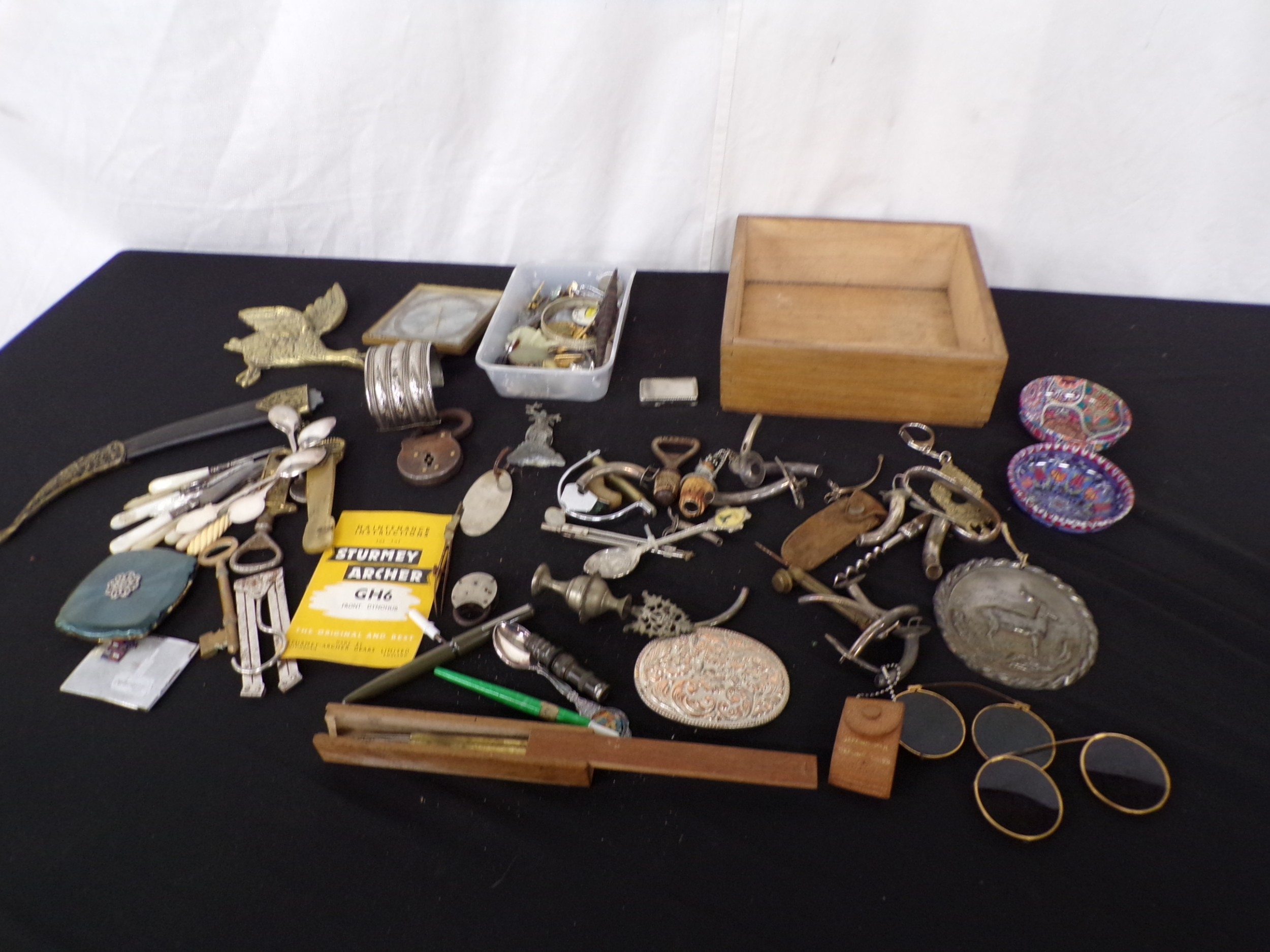 Collection of sundry items to include: pin badges, padlock and bottle ...