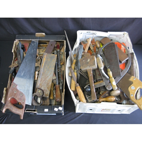 108 - Two boxes of assorted tools to include: Rapier No. 700 plane, brass back tenon saws and oil stores e... 
