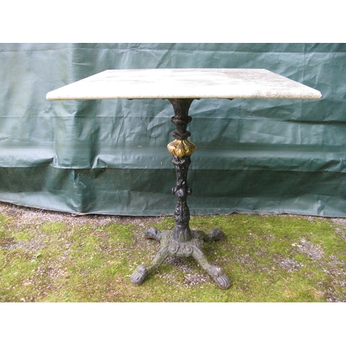 61 - White marble top table with iron column support leading to four splayed legs - 70cm x 70cm x 74cm ta... 