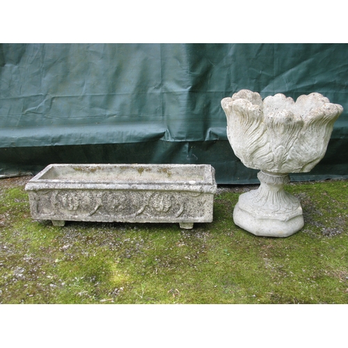 62 - Single acanthus leaf urn - 48cm x 54.5cm tall together with a single trough planter - 81cm x 26cm x ... 