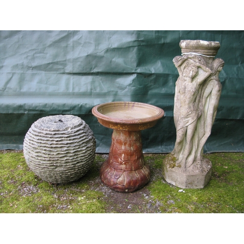 67 - Granite orb water feature together with small circular bird bath and three virgins bird bath base