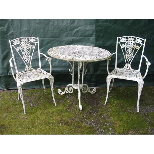 68 - White painted aluminium patio table - 82cm x 70cm tall together with two matching open elbow chairs
