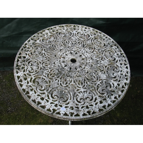 68 - White painted aluminium patio table - 82cm x 70cm tall together with two matching open elbow chairs