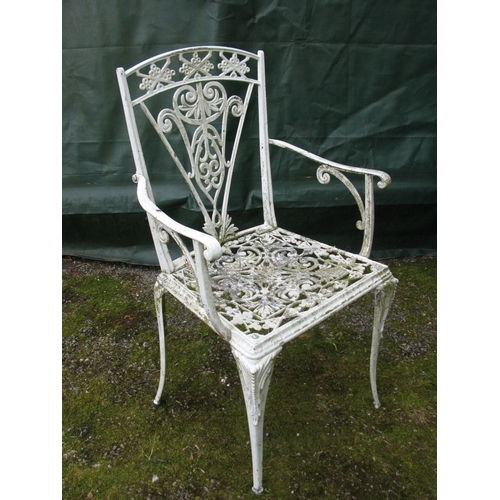 68 - White painted aluminium patio table - 82cm x 70cm tall together with two matching open elbow chairs