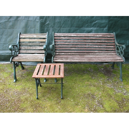 84 - Wooden slatted garden bench with iron ends - 129cm x 65cm x 78cm tall together with a wooden slatted... 