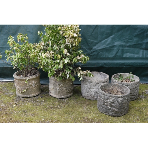 93 - Group of five circular planters with differing designs to include a pair decorated with swags of fru... 