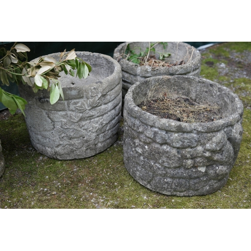 93 - Group of five circular planters with differing designs to include a pair decorated with swags of fru... 