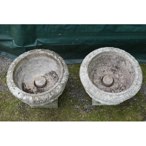94 - Pair of shallow circular garden urns standing on square bases - 47cm x 44cm tall