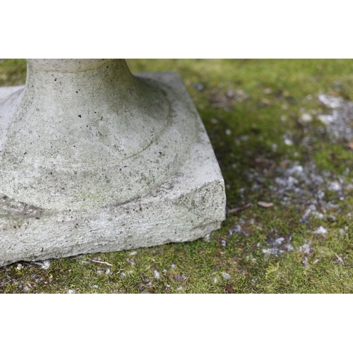 94 - Pair of shallow circular garden urns standing on square bases - 47cm x 44cm tall