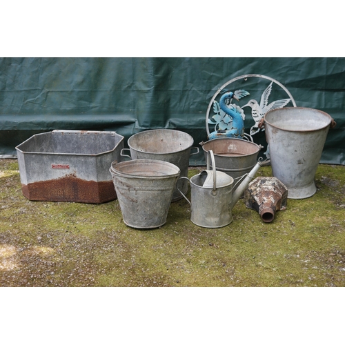 99 - Quantity of galvanised items to include: buckets, watering can, feed trough and rain hopper etc