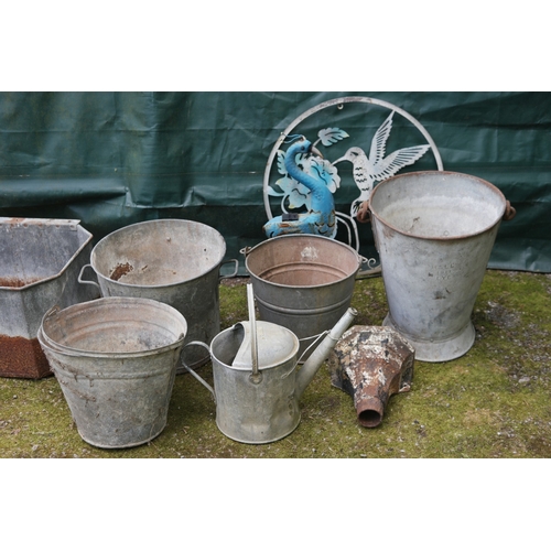 99 - Quantity of galvanised items to include: buckets, watering can, feed trough and rain hopper etc