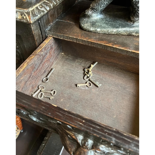 127 - Large wooden carved office desk , hand carved lion handles , dark wood, 