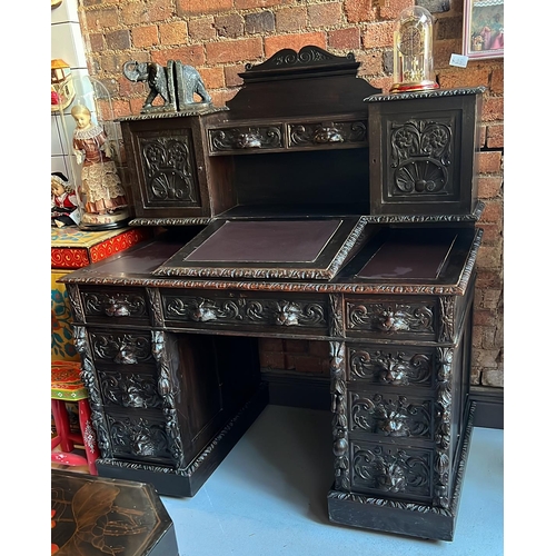 127 - Large wooden carved office desk , hand carved lion handles , dark wood, 