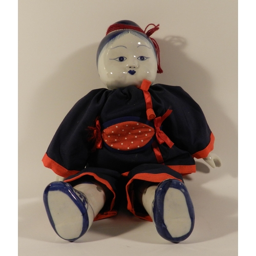 166 - Vintage Chinese traditional soft body and porcelain doll, (blue and white ) apx 36cm  height