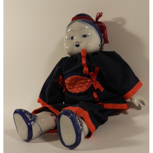 166 - Vintage Chinese traditional soft body and porcelain doll, (blue and white ) apx 36cm  height