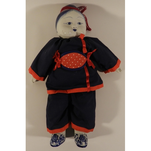 166 - Vintage Chinese traditional soft body and porcelain doll, (blue and white ) apx 36cm  height