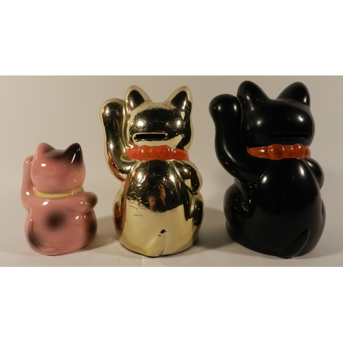 168 - Three porcelain Lucky cats apx 10cm, 15cm, 15.5cm height