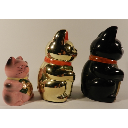 168 - Three porcelain Lucky cats apx 10cm, 15cm, 15.5cm height