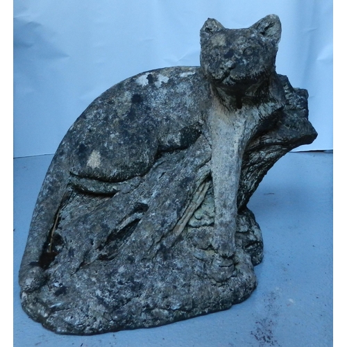 183 - Garden Weathered Staue of a Cat on wood , 1950, apx 28cm height