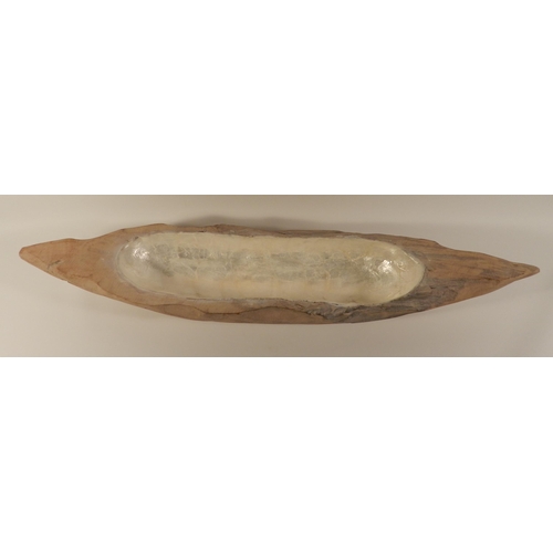 187 - Wooden bowl , mother of pearls inlay apx 70cm long