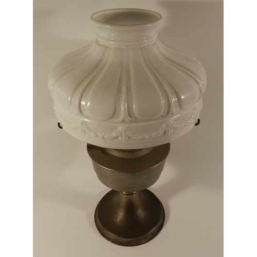 191 - Petroleum lamp with white glass lamp shade apx 45cm height