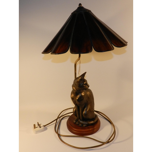 201 - Cat Statue Lamp with stained Glass lampshade , heavy , apx 36cm height