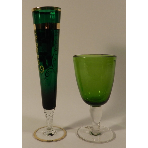 203 - Green glass flute vase apx 25cm height with a green glass goblet