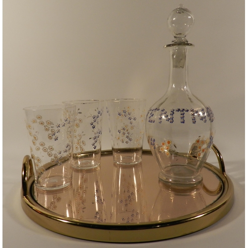 213 - Set of a Glass Jug and a 3 glasses , floral pattern , with a tray