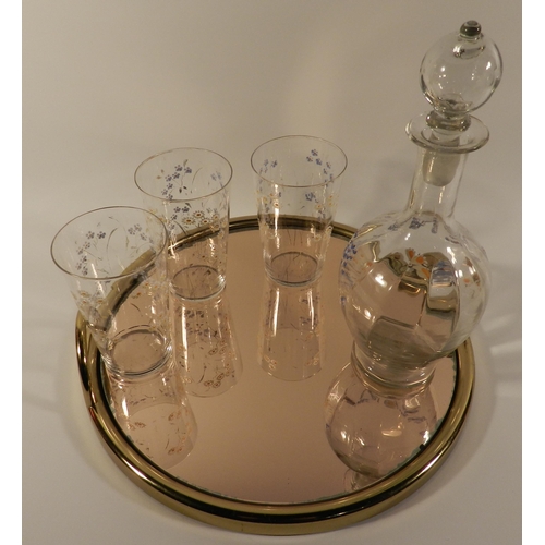 213 - Set of a Glass Jug and a 3 glasses , floral pattern , with a tray