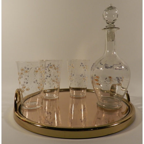 213 - Set of a Glass Jug and a 3 glasses , floral pattern , with a tray