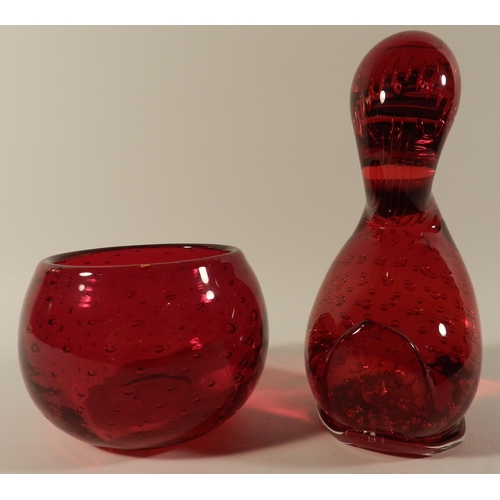 229 - Red glass duck paperweight and a red glass vase 