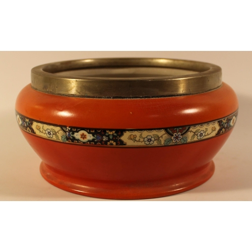 327 - Orange porcelain bowl with metal edging