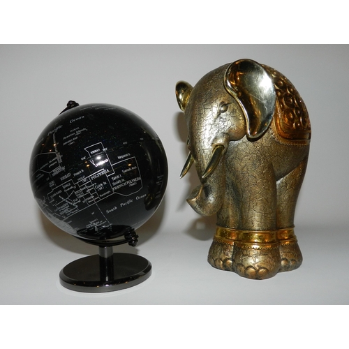 35 - Small desk globe model apx 17cm and elephant decoration statue 20cm height