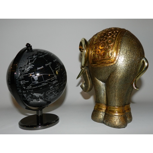 35 - Small desk globe model apx 17cm and elephant decoration statue 20cm height