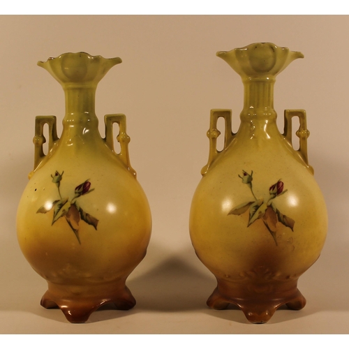 357 - Royal Worcester Pair of Yellow porcelain vases, globular form with slender wasted neck