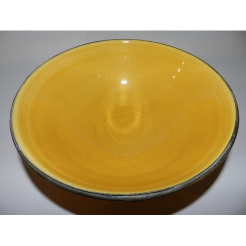 63 - Yellow porcelain Bowl with Metal Edging , diameter is apx 26cm